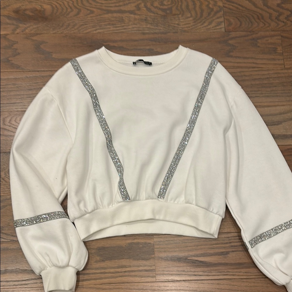 Zara White Puff Sleeve Crew Neck Sweatshirt